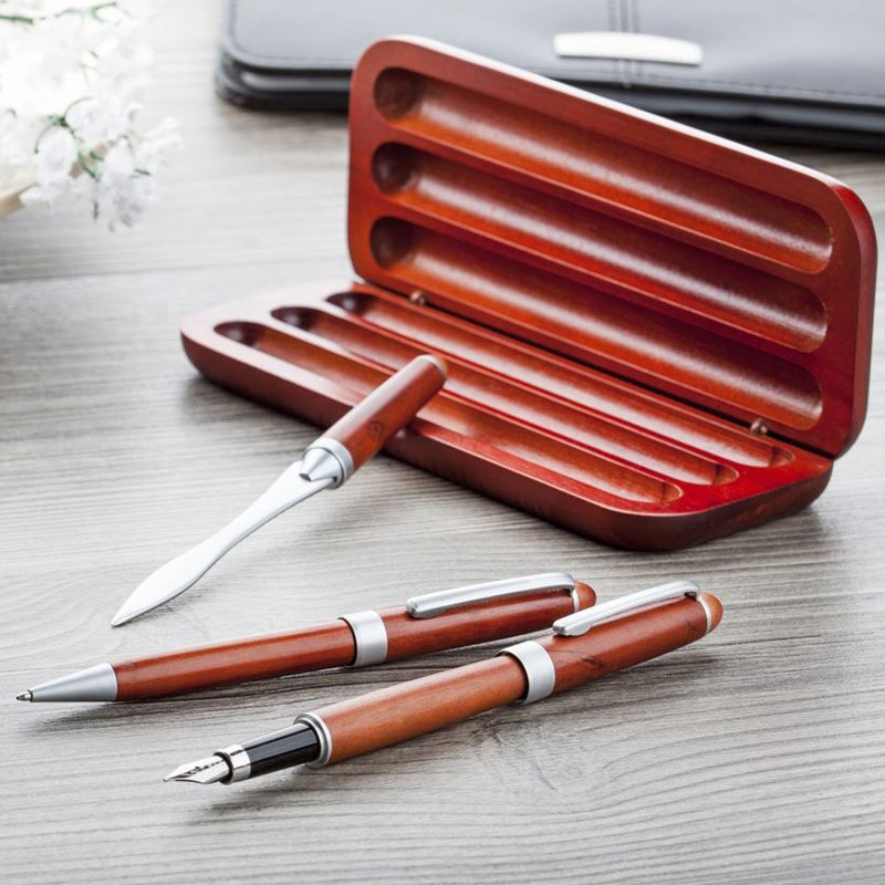 Parure gravée bois rouge stylo bille et stylo plume