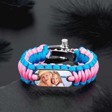 Bracelet personnalisé avec cordon tissu épais bleu et rose