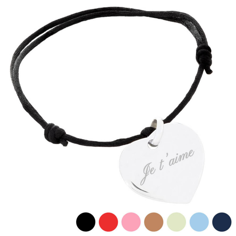 Bracelet cordon coloré avec coeur gravé