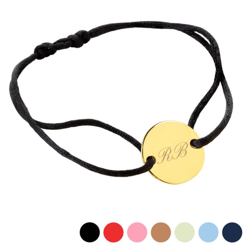 Bracelet cordon noir avec petit rond plaqué or à personnaliser