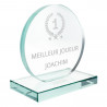 Trophée rond en verre avec texte et design récompense